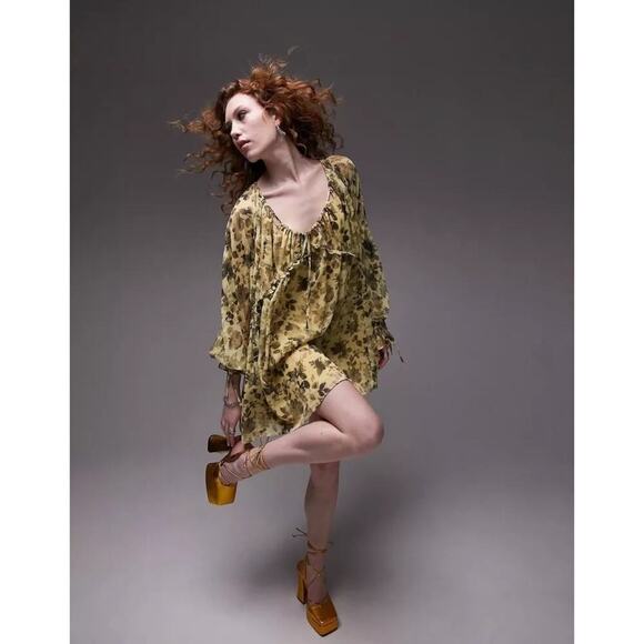 Topshop Dress Floral Print Cut Out Tie Neck Chuck On Ruffle Mini Yellow Black 2 - Picture 4 of 12